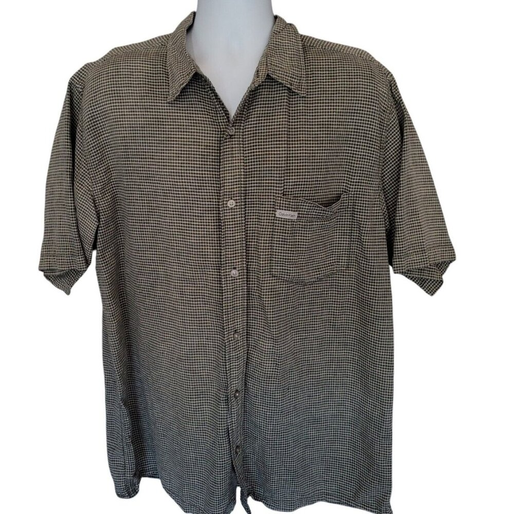 VTG‎ Y2K Calvin Klein Shirt L Short Sleeve Green Check Button Linen Blend